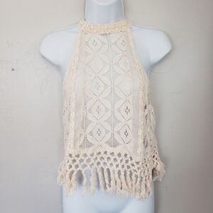 Clover + Scout Women's Small Ivory Beige Lace Halter Crop Top Fringe Boho Blouse